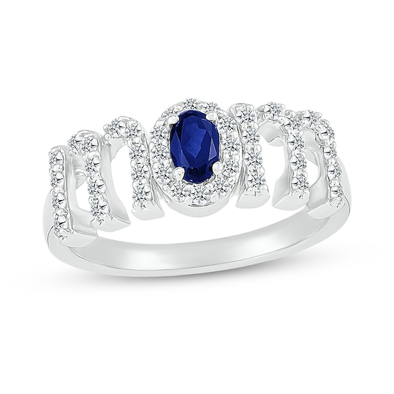 Oval Blue and White Lab-Created Sapphire Mom Ring in 10K White Gold