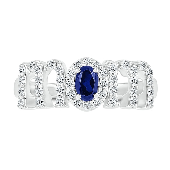 Oval Blue and White Lab-Created Sapphire Mom Ring in 10K White Gold