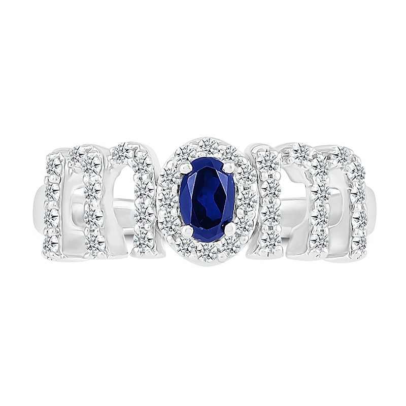 Main Image 2 of Oval Blue and White Lab-Created Sapphire "MOM" Ring in 10K White Gold