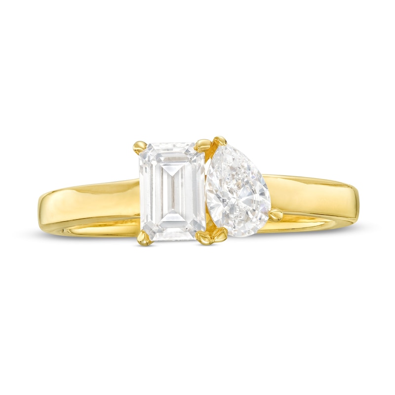 Main Image 4 of 1 CT. T.W. Pear-Shaped and Emerald-Cut Diamond Toi et Moi Engagement Ring in 14K Gold