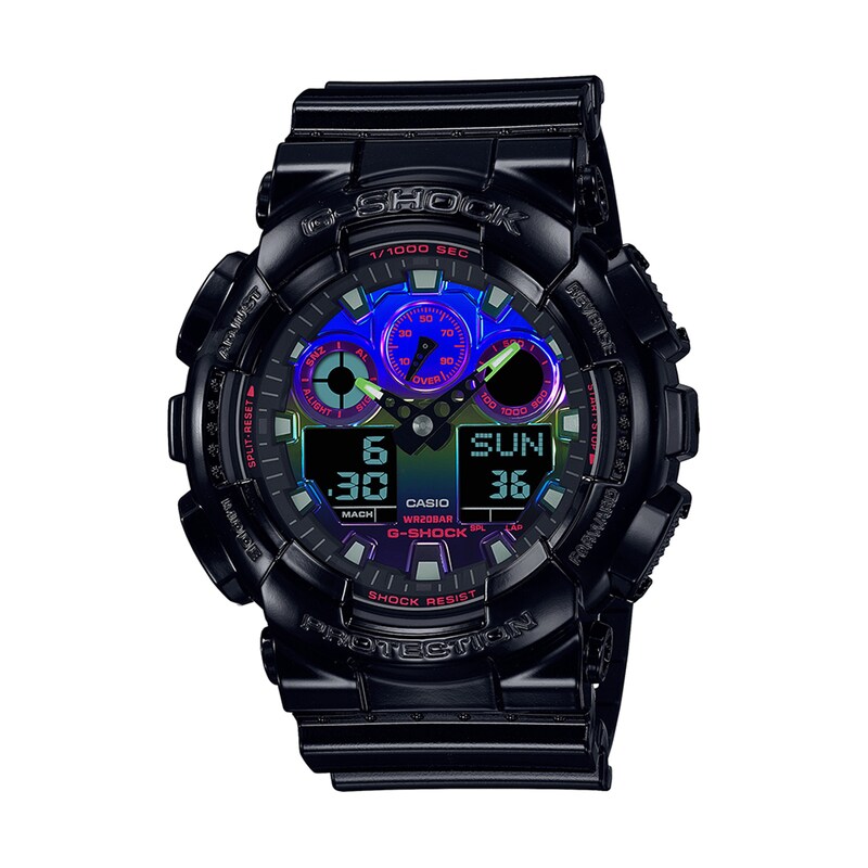 Main Image 1 of Men's Casio G-Shock Classic Black Resin Strap Watch with Rainbow Dial (Model: GA100RGB-1A)
