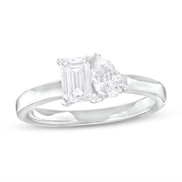 1 CT. T.W. Pear-Shaped and Emerald-Cut Diamond Toi et Moi Engagement Ring in 14K White Gold