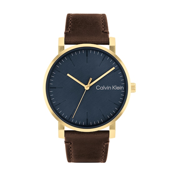 Men's Calvin Klein Brown Leather Strap Watch with Blue Dial (Model: 25200261)
