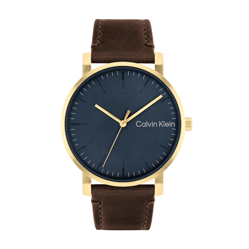 Main Image 1 of Men's Calvin Klein Brown Leather Strap Watch with Blue Dial (Model: 25200261)