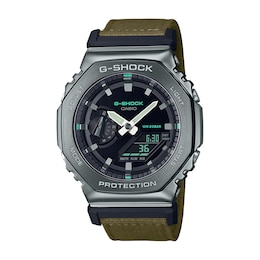 Men’s Casio G-Shock Classic Gunmetal Grey IP Green Fabric Strap Watch with Black Dial (Model: GM2100CB-3A)