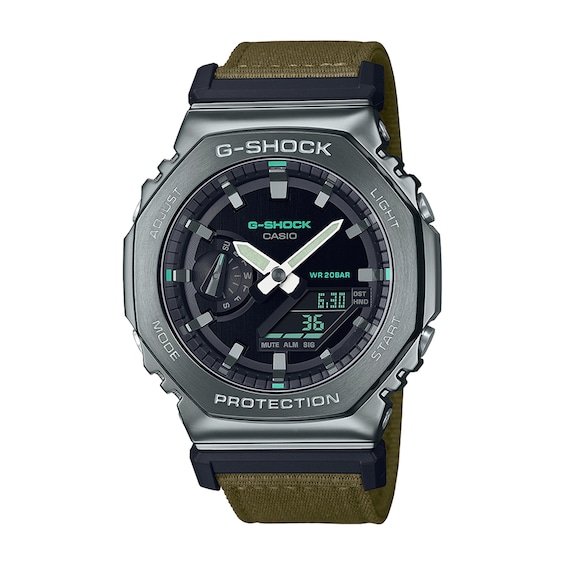Menâs Casio G-Shock Classic Gunmetal Grey IP Green Fabric Strap Watch with Black Dial (Model: Gm2100Cb-3A)