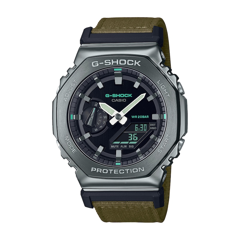Main Image 1 of Men’s Casio G-Shock Classic Gunmetal Grey IP Green Fabric Strap Watch with Black Dial (Model: GM2100CB-3A)