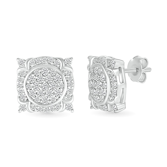 1/2 CT. T.w. Multi-Diamond Frame Ornate Four-Corner Accent Stud Earrings in Sterling Silver