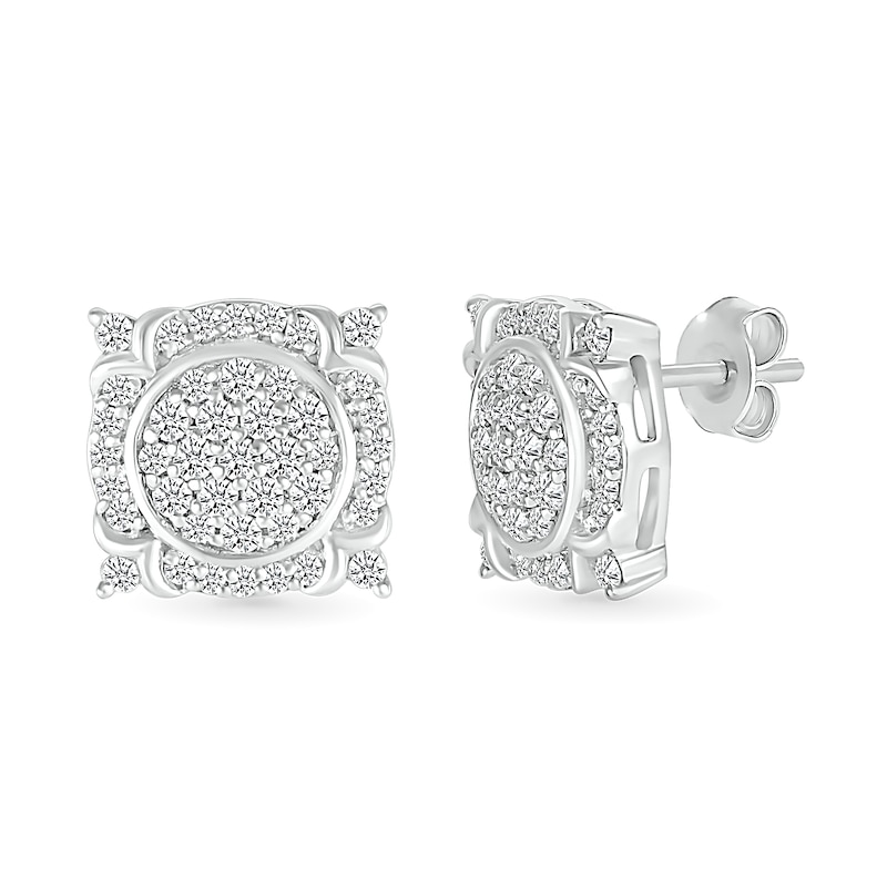 Main Image 1 of 1/2 CT. T.W. Multi-Diamond Frame Ornate Four-Corner Accent Stud Earrings in Sterling Silver
