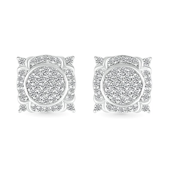 1/2 CT. T.w. Multi-Diamond Frame Ornate Four-Corner Accent Stud Earrings in Sterling Silver