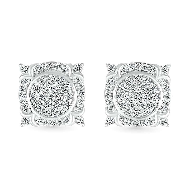 Main Image 2 of 1/2 CT. T.W. Multi-Diamond Frame Ornate Four-Corner Accent Stud Earrings in Sterling Silver