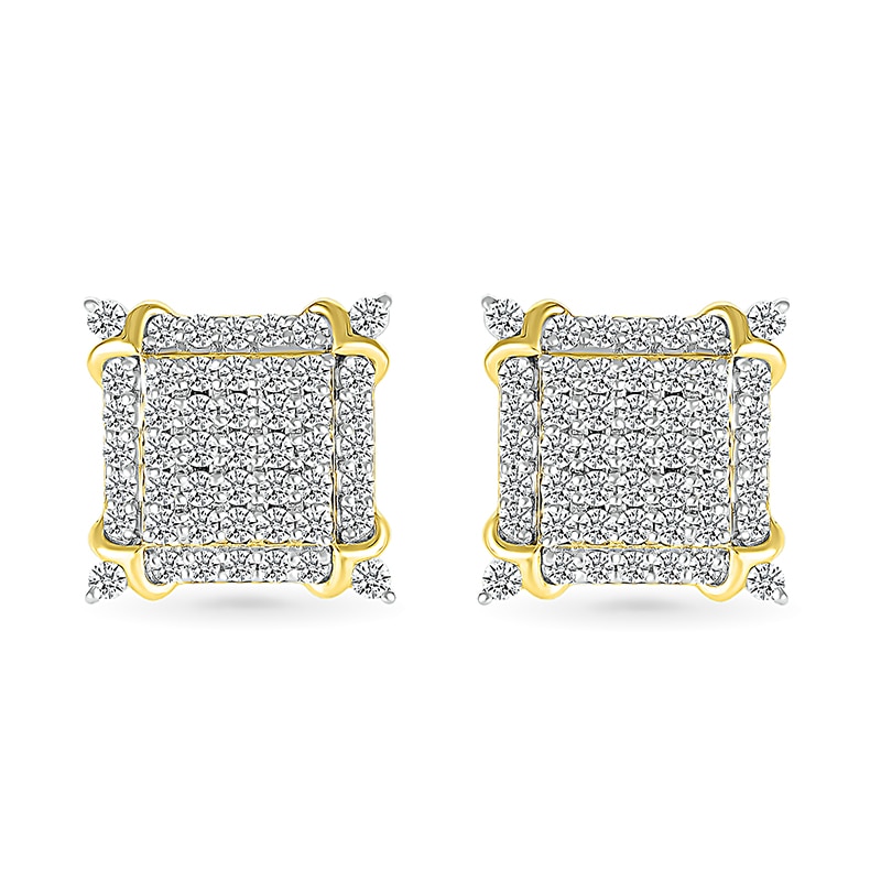 Main Image 2 of 1 CT. T.W. Square-Shaped Multi-Diamond Frame Ornate Four-Corner Accent Stud Earrings in 10K Gold