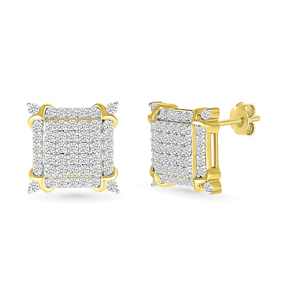 Men's 1 CT. T.w. Square-Shaped Multi-Diamond Frame Ornate Four-Corner Accent Stud Earrings in 10K Gold
