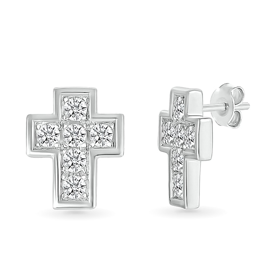 1/2 CT. T.w. Diamond Mini Cross Stud Earrings in 10K White Gold