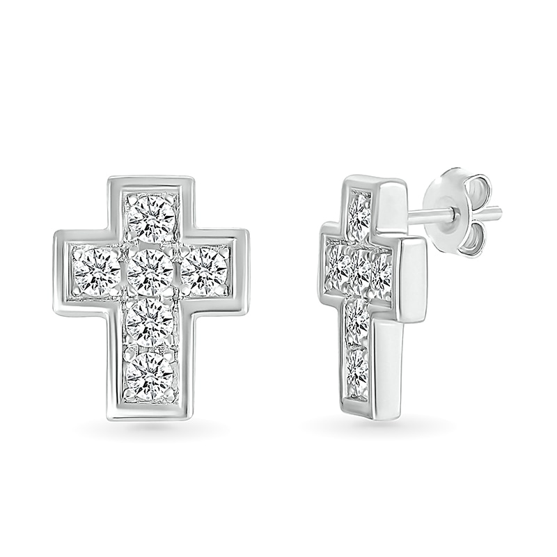 Main Image 1 of 1/2 CT. T.W. Diamond Mini Cross Stud Earrings in 10K White Gold