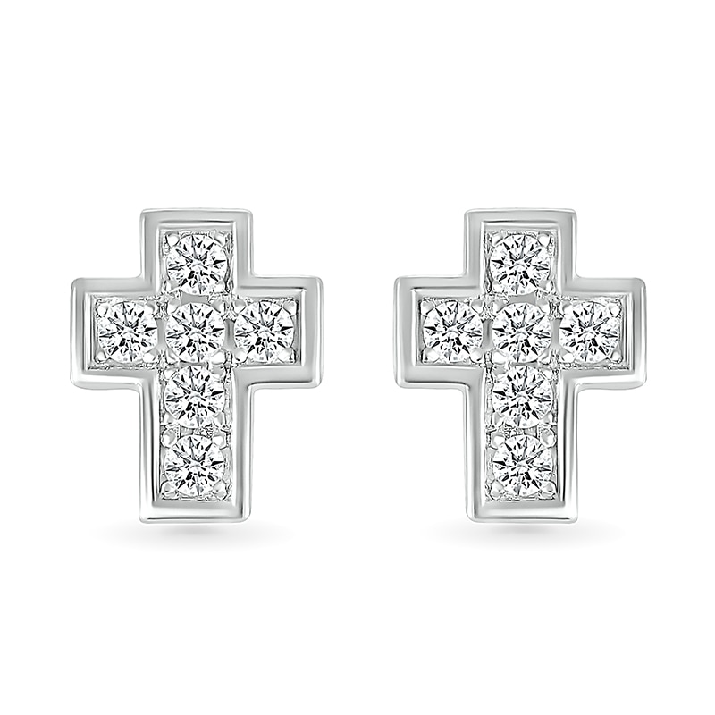Main Image 2 of 1/2 CT. T.W. Diamond Mini Cross Stud Earrings in 10K White Gold