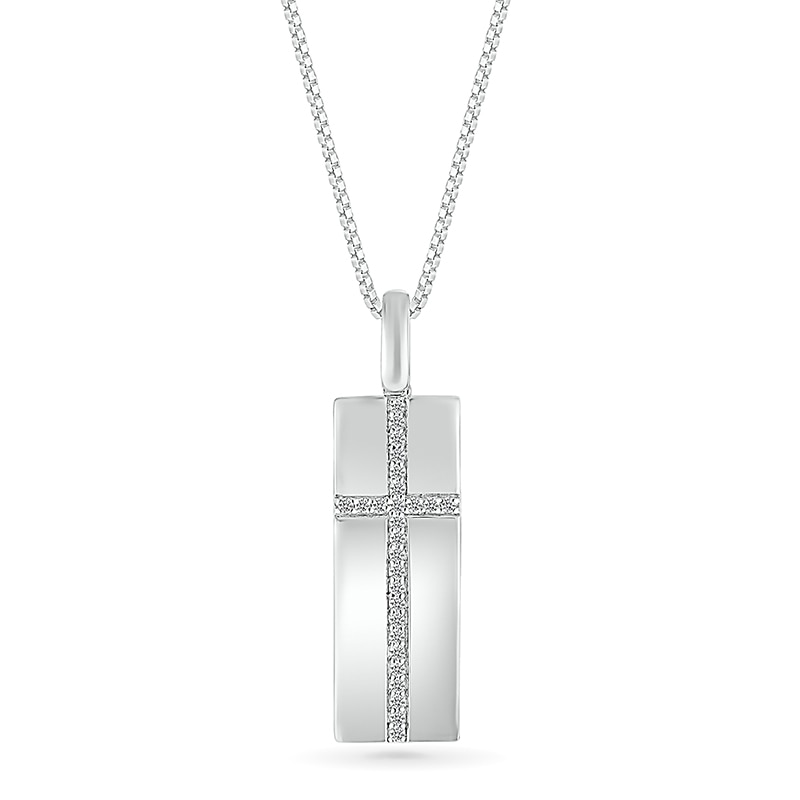 Main Image 1 of Men's 1/5 CT. T.W. Diamond Cross Narrow Dog Tag Pendant in Sterling Silver - 22"