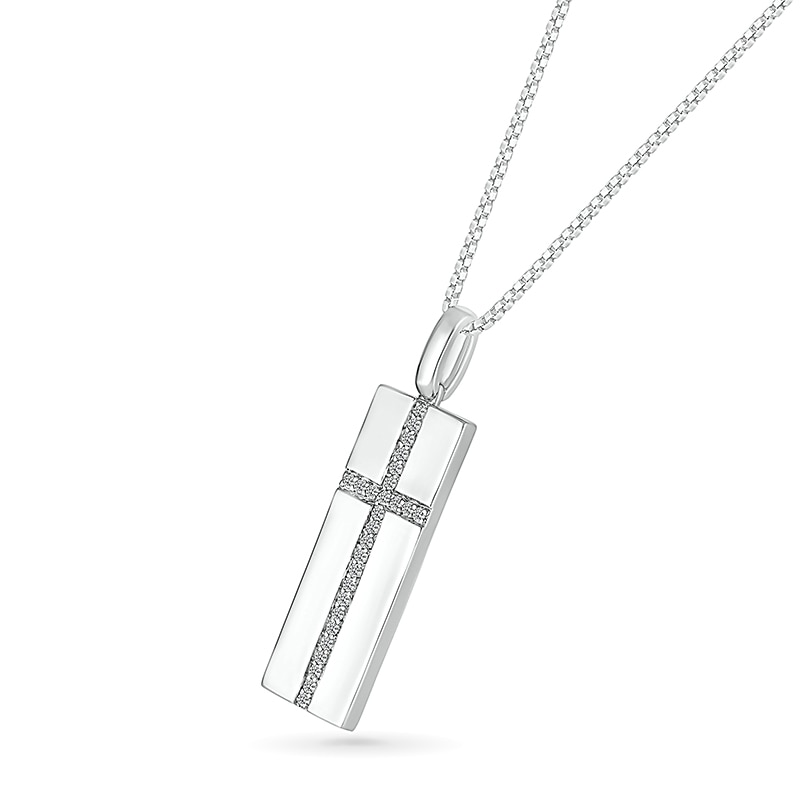 Main Image 2 of Men's 1/5 CT. T.W. Diamond Cross Narrow Dog Tag Pendant in Sterling Silver - 22"