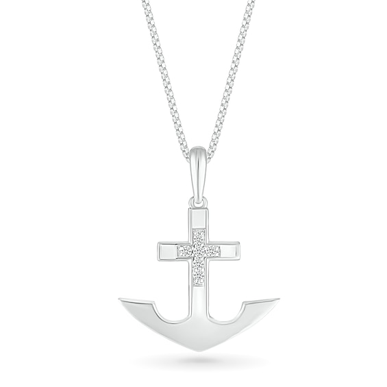 Men's 1/10 CT. T.w. Diamond Mini Cross Anchor Pendant in Sterling Silver - 22"