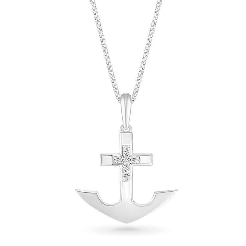 Men's 1/10 CT. T.W. Diamond Mini Cross Anchor Pendant in Sterling Silver - 22"