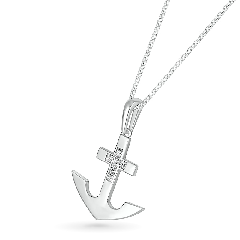 Men's 1/10 CT. T.W. Diamond Mini Cross Anchor Pendant in Sterling Silver - 22"