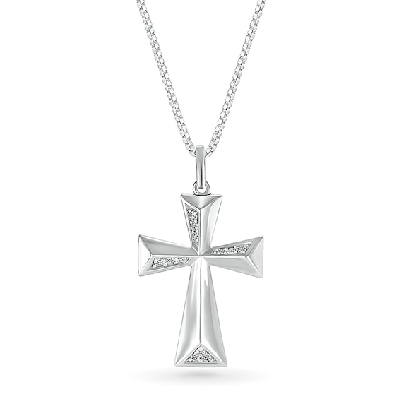 Men's 1/8 CT. T.w. Diamond Three-Dimensional Pyramid-Style Flared Cross Pendant in 10K White Gold - 22"