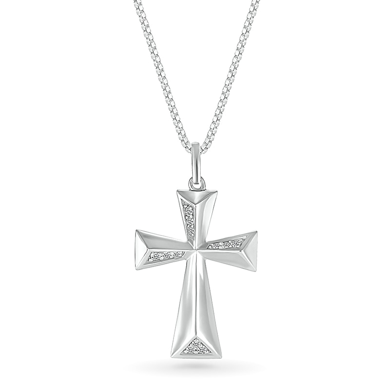 Main Image 1 of Men's 1/8 CT. T.W. Diamond Three-Dimensional Pyramid-Style Flared Cross Pendant in 10K White Gold - 22"