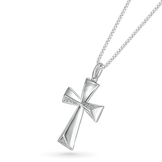 Men's 1/8 CT. T.w. Diamond Three-Dimensional Pyramid-Style Flared Cross Pendant in 10K White Gold - 22"