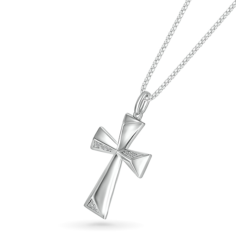 Main Image 2 of Men's 1/8 CT. T.W. Diamond Three-Dimensional Pyramid-Style Flared Cross Pendant in 10K White Gold - 22"