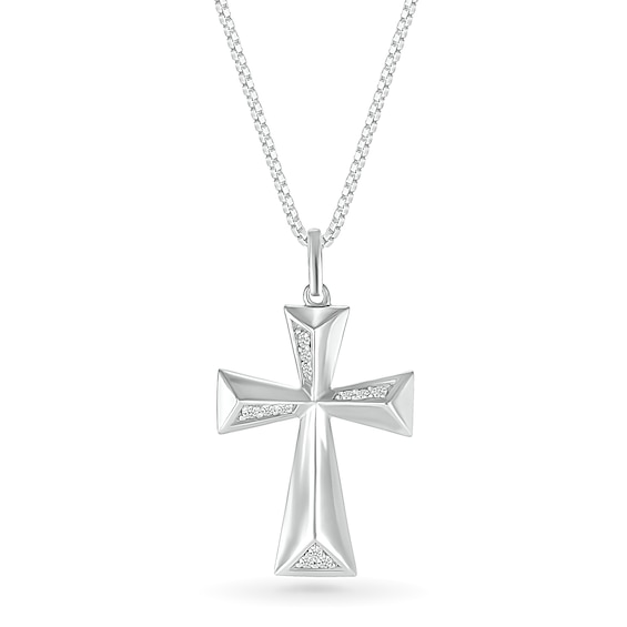 Men's 1/8 CT. T.w. Diamond Three-Dimensional Pyramid-Style Flared Cross Pendant in 10K White Gold - 22"