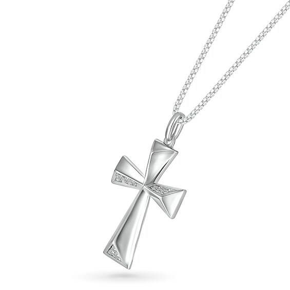 Men's 1/8 CT. T.w. Diamond Three-Dimensional Pyramid-Style Flared Cross Pendant in 10K White Gold - 22"
