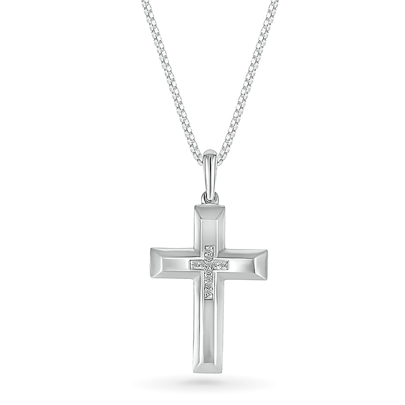 Main Image 1 of Men's 1/20 CT. T.W. Diamond Inlay Three-Dimensional Double Cross Pendant in 10K White Gold - 22"
