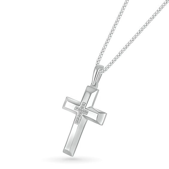 Men's 1/20 CT. T.w. Diamond Inlay Three-Dimensional Double Cross Pendant in 10K White Gold - 22"