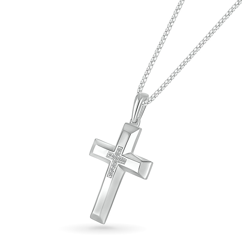 Main Image 2 of Men's 1/20 CT. T.W. Diamond Inlay Three-Dimensional Double Cross Pendant in 10K White Gold - 22"