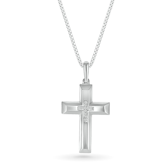 Men's 1/20 CT. T.w. Diamond Inlay Three-Dimensional Double Cross Pendant in 10K White Gold - 22"