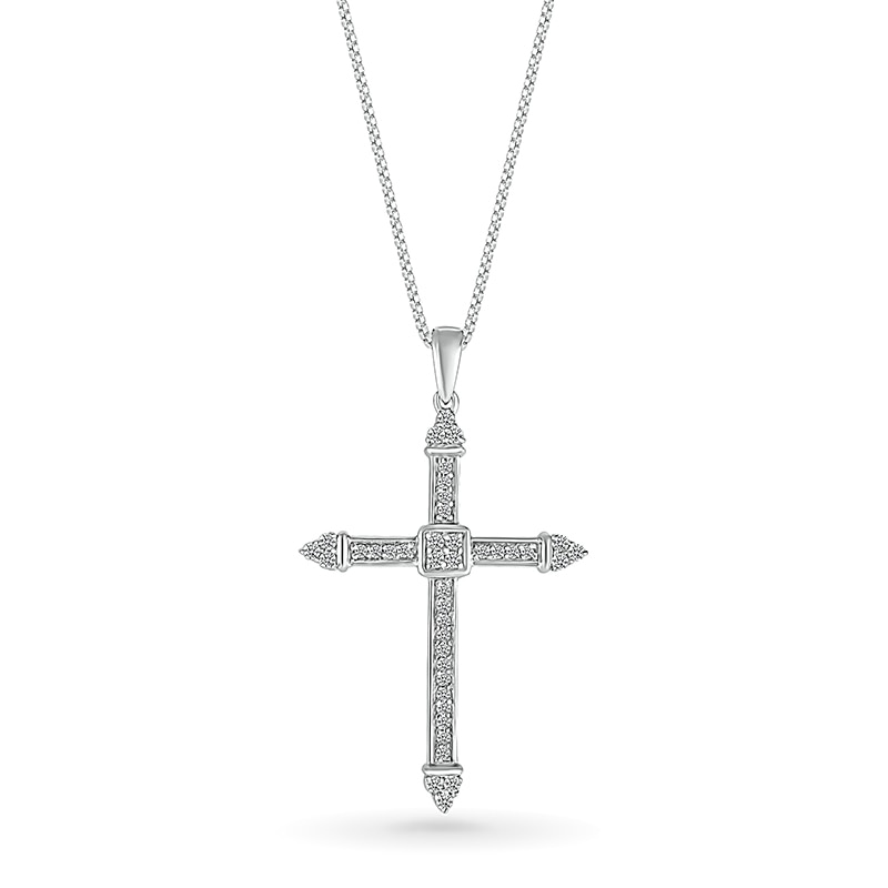 Main Image 1 of Men's 1/5 CT. T.W. Quad Diamond Tri-Tip Cross Pendant in 10K White Gold - 22"
