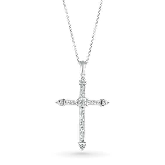 Men's 1/5 CT. T.w. Quad Diamond Tri-Tip Cross Pendant in 10K White Gold - 22"