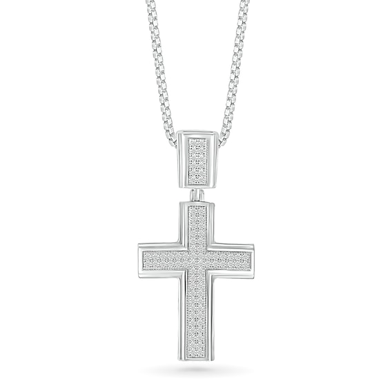 Men's 1/3 CT. T.w. Diamond Double Row Layered Cross Drop Pendant in 10K White Gold - 22"