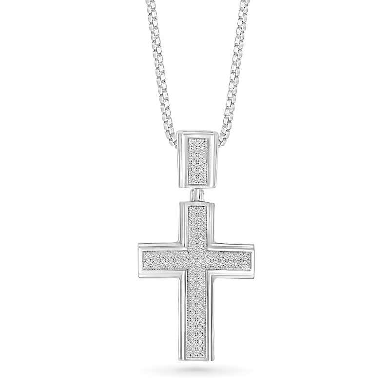 Main Image 1 of Men's 1/3 CT. T.W. Diamond Double Row Layered Cross Drop Pendant in 10K White Gold - 22"