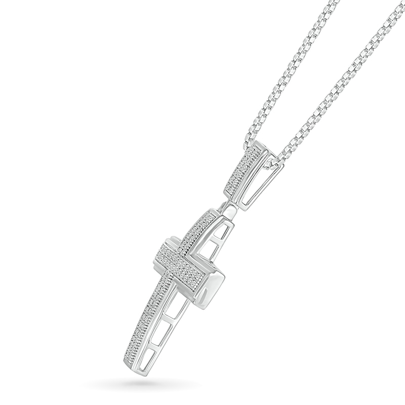 Main Image 2 of Men's 1/3 CT. T.W. Diamond Double Row Layered Cross Drop Pendant in 10K White Gold - 22"