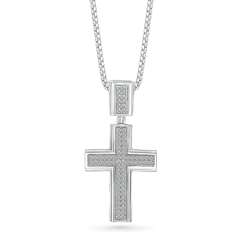 Main Image 1 of Men's 1/3 CT. T.W. Diamond Double Row Layered Cross Drop Pendant in 10K White Gold - 22"