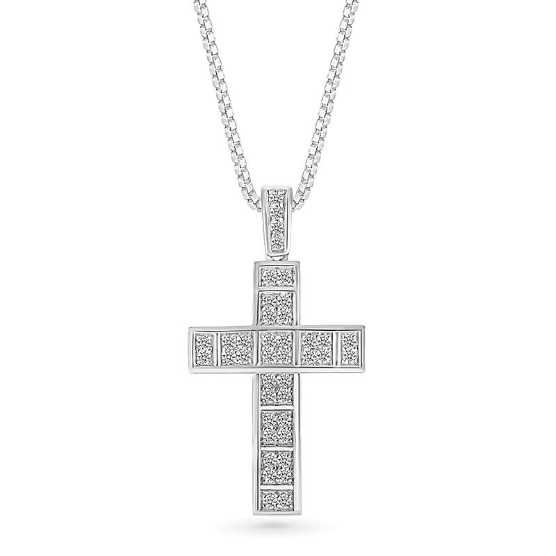 Main Image 1 of Men's 1/2 CT. T.W. Diamond Divided Cross Pendant in 10K White Gold - 22"