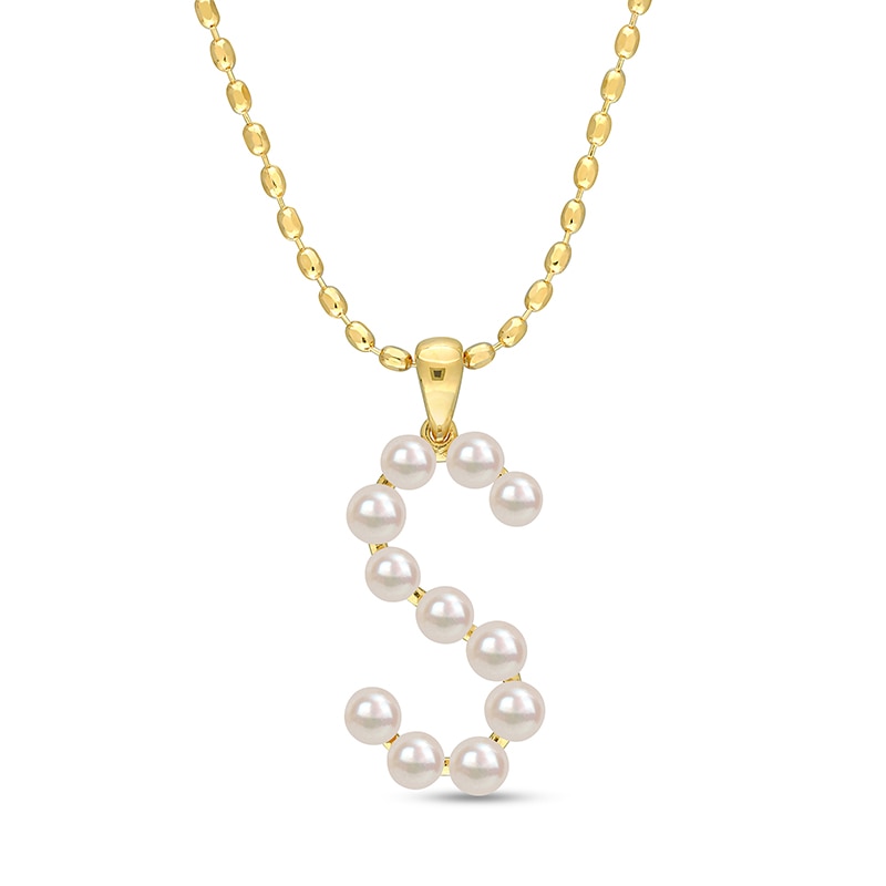 Main Image 1 of 3.5-4.0mm Button Freshwater Cultured Pearl "S" Initial Drop Pendant in Sterling Silver with Gold-Tone Flash Plate