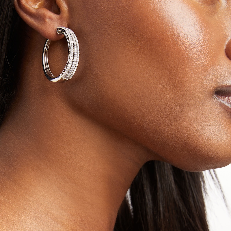 Main Image 2 of 1-1/2 CT. T.W. Lab-Grown Diamond Triple-Row Hoop Earrings in 10K White Gold