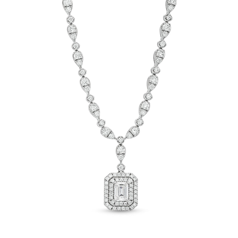 Main Image 1 of 4-3/8 CT. T.W. Emerald-Cut Lab-Grown Diamond Halo Drop Necklace in 10K White Gold