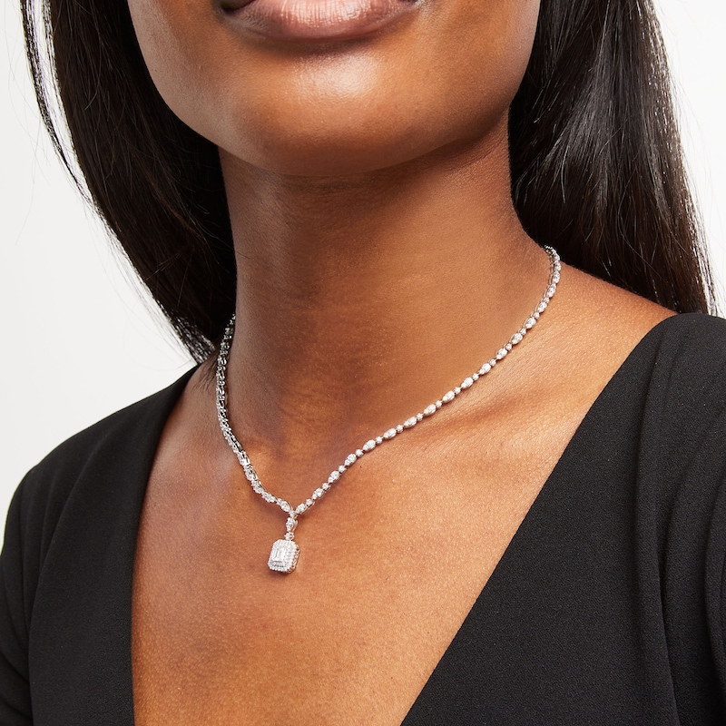 Main Image 2 of 4-3/8 CT. T.W. Emerald-Cut Lab-Grown Diamond Halo Drop Necklace in 10K White Gold