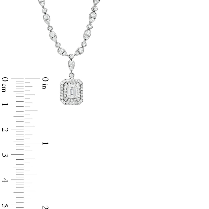 Main Image 4 of 4-3/8 CT. T.W. Emerald-Cut Lab-Grown Diamond Halo Drop Necklace in 10K White Gold