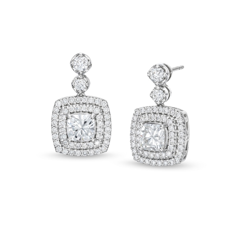 Main Image 1 of 2-1/2 CT. T.W. Cushion-Cut Lab-Grown Diamond Drop Earrings in 10K White Gold