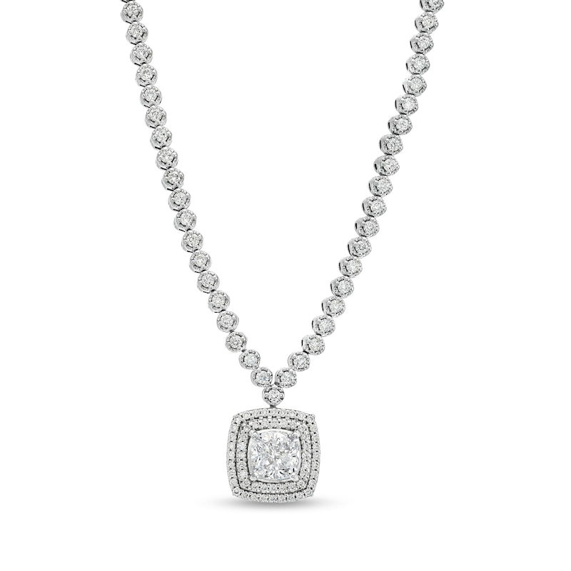 Main Image 1 of 3-1/2 CT. T.W. Cushion-Cut Lab-Grown Diamond Halo Drop Necklace in 10K White Gold