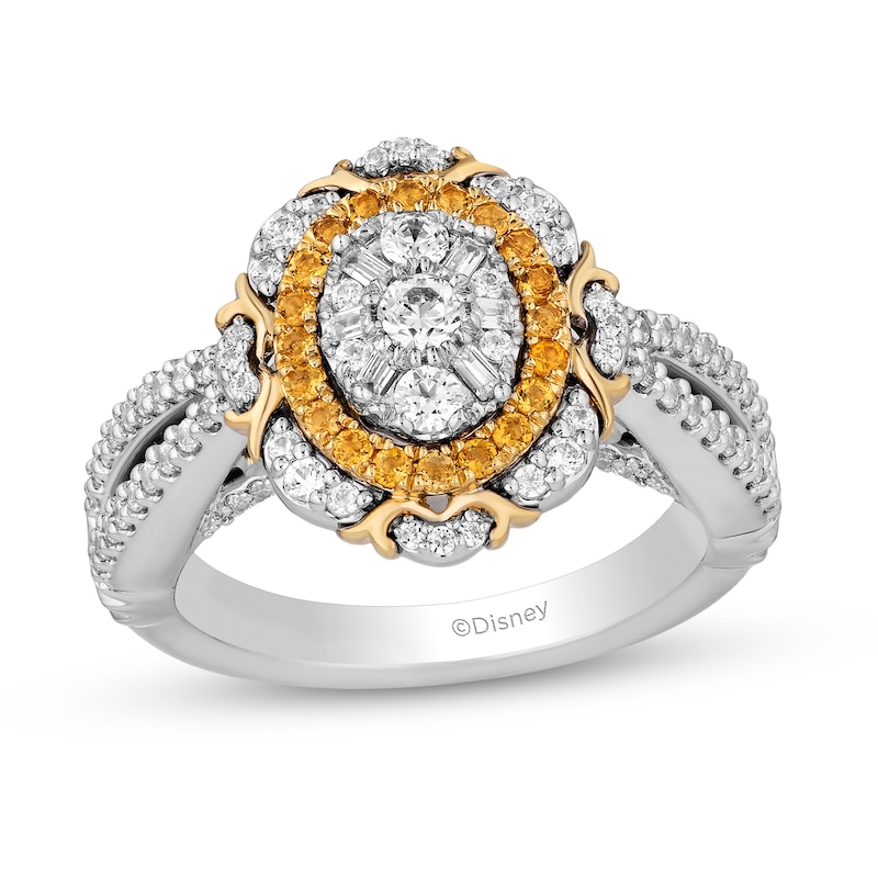Main Image 1 of Enchanted Disney Belle 3/4 CT. T.W. Oval Multi-Diamond and Citrine Double Frame Engagement Ring in 14K Two-Tone Gold